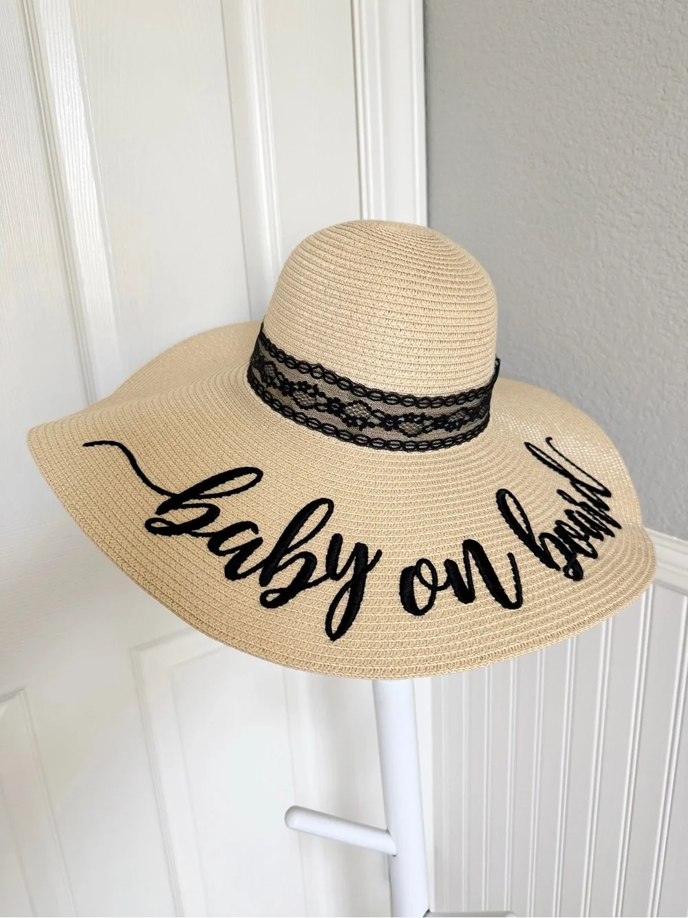 Chic Soul Embroidered “Baby on Board” Wide Brim Floppy Straw Hat | Adjustable